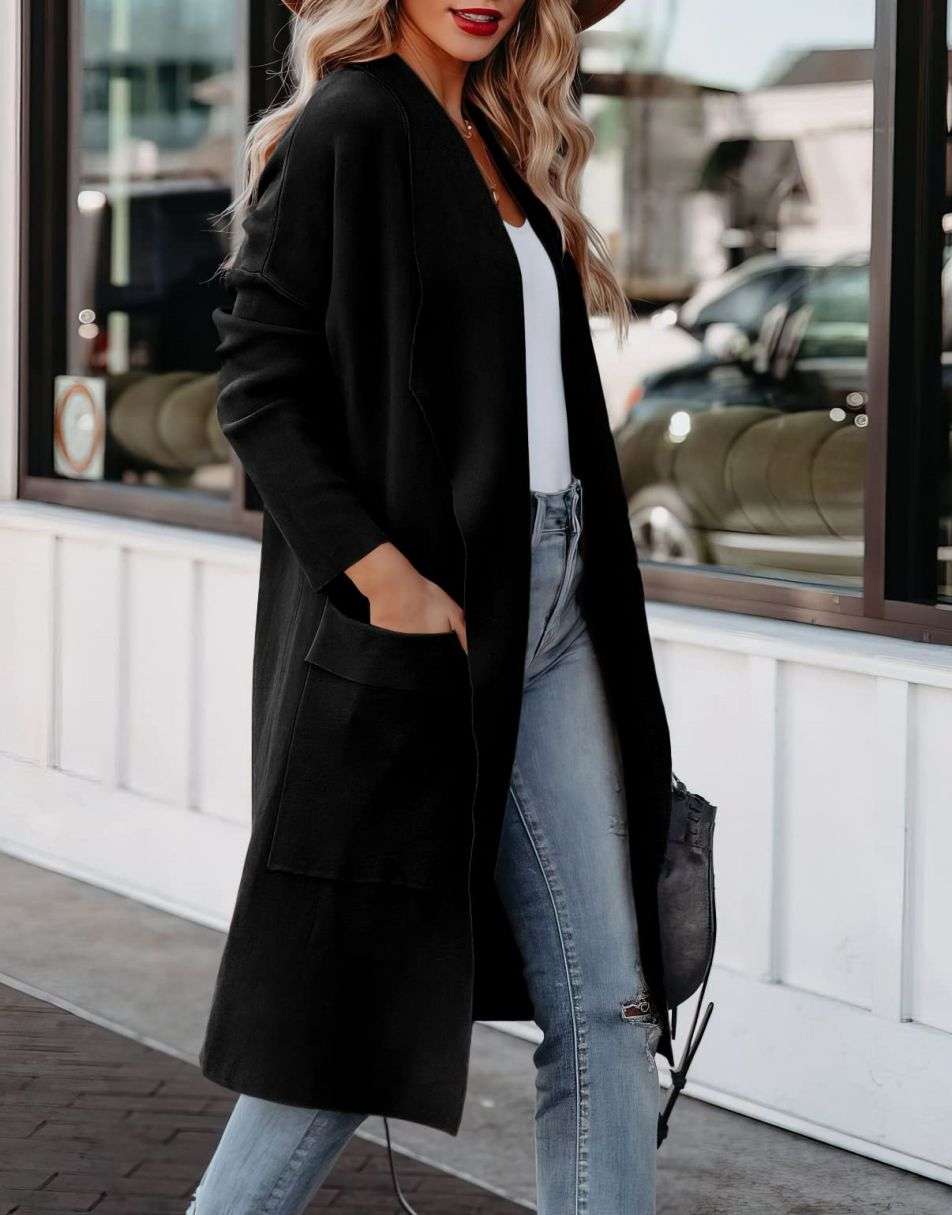ANRABESS Damen Freizeit Langarm Drapierter Offener Strick Cardigan Jacken Pullover mit Taschen