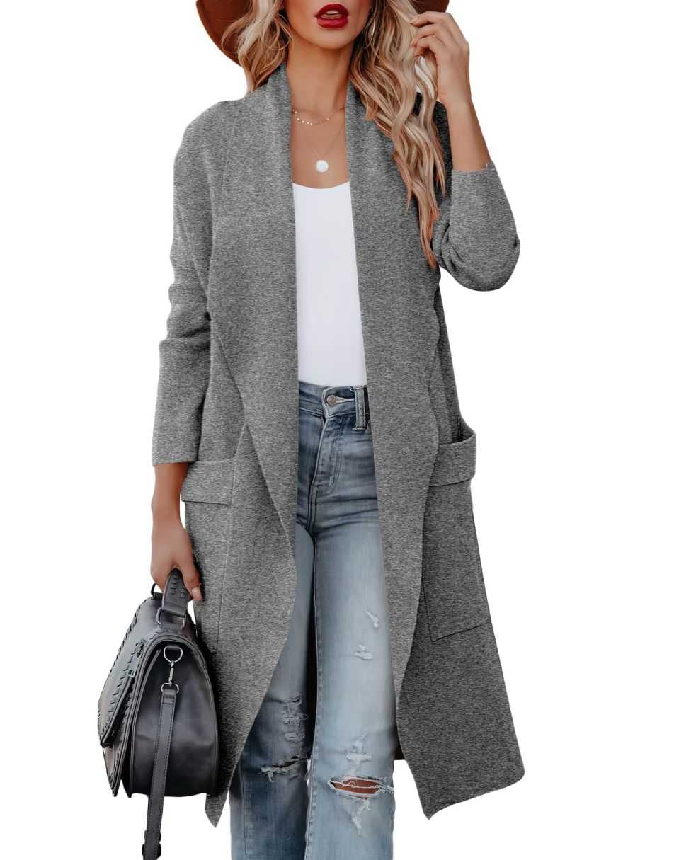 ANRABESS Damen Freizeit Langarm Drapierter Offener Strick Cardigan Jacken Pullover mit Taschen