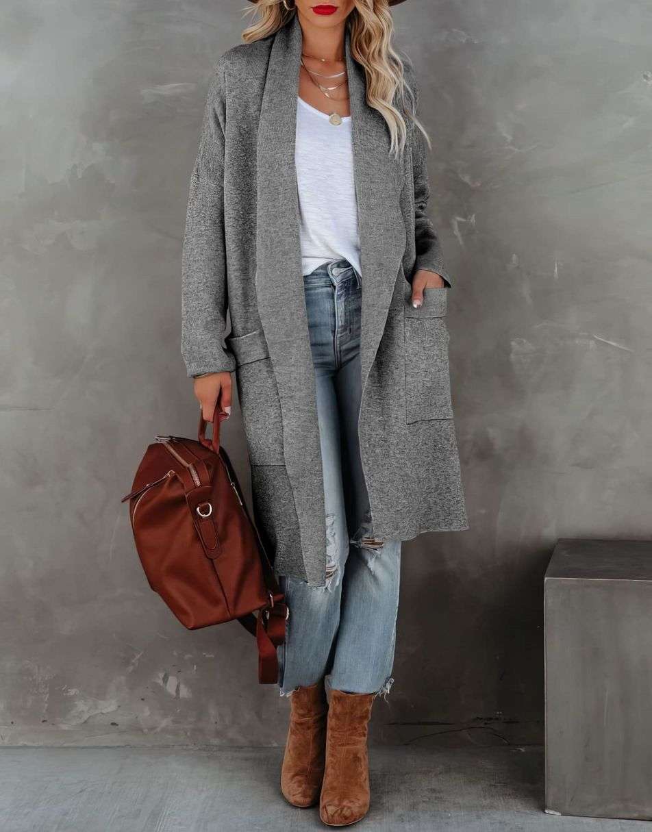 ANRABESS Damen Freizeit Langarm Drapierter Offener Strick Cardigan Jacken Pullover mit Taschen