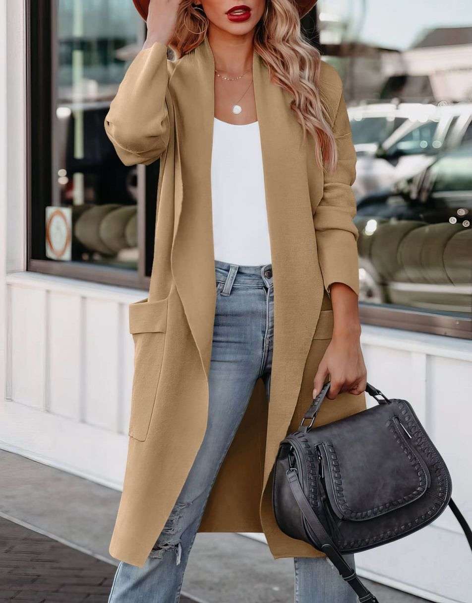 ANRABESS Damen Freizeit Langarm Drapierter Offener Strick Cardigan Jacken Pullover mit Taschen