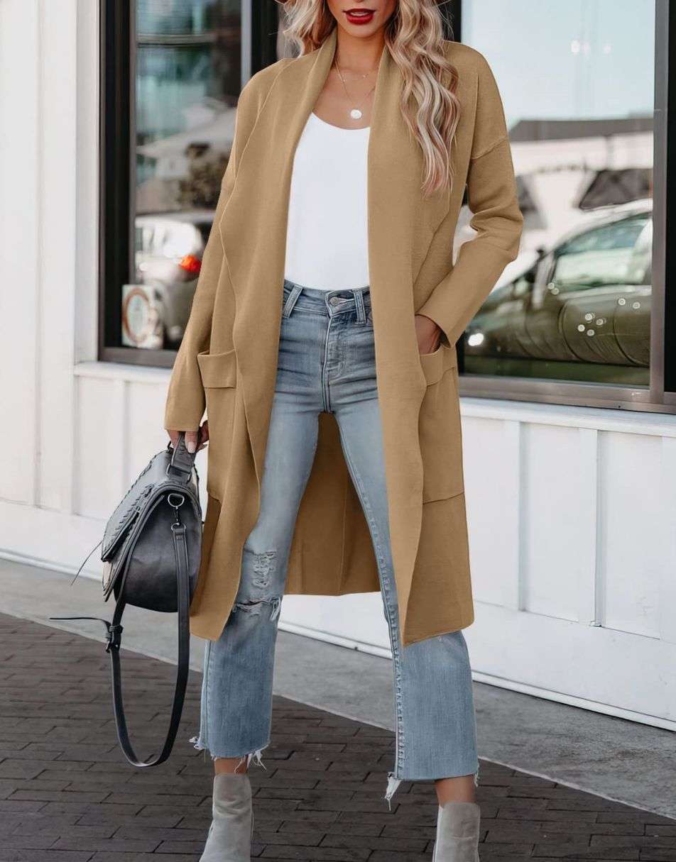 ANRABESS Damen Freizeit Langarm Drapierter Offener Strick Cardigan Jacken Pullover mit Taschen