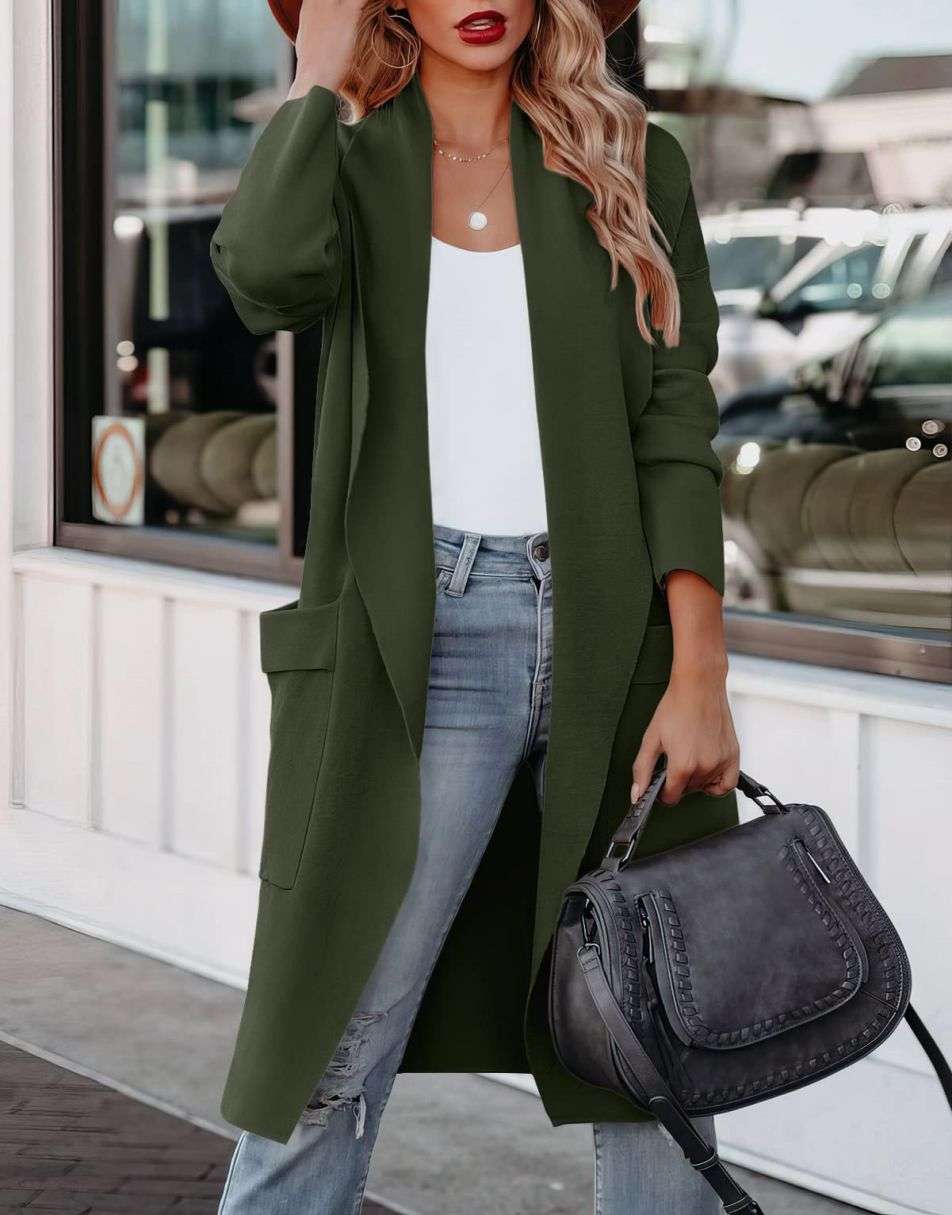 ANRABESS Damen Freizeit Langarm Drapierter Offener Strick Cardigan Jacken Pullover mit Taschen