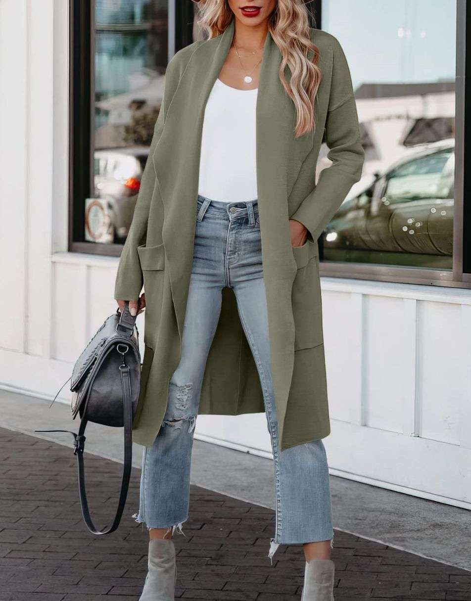 ANRABESS Damen Freizeit Langarm Drapierter Offener Strick Cardigan Jacken Pullover mit Taschen