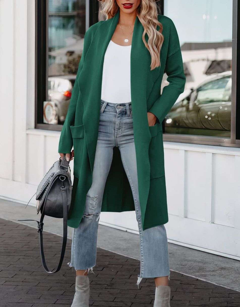 ANRABESS Damen Freizeit Langarm Drapierter Offener Strick Cardigan Jacken Pullover mit Taschen