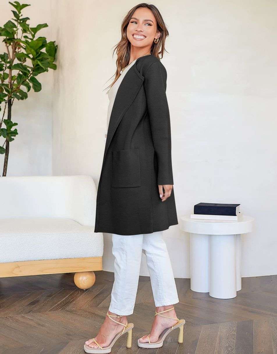 ANRABESS Damen Strickjacke mit offenem Vorderteil, Langarm, Revers, lässig, einfarbig, edel, Pullover-Jacke