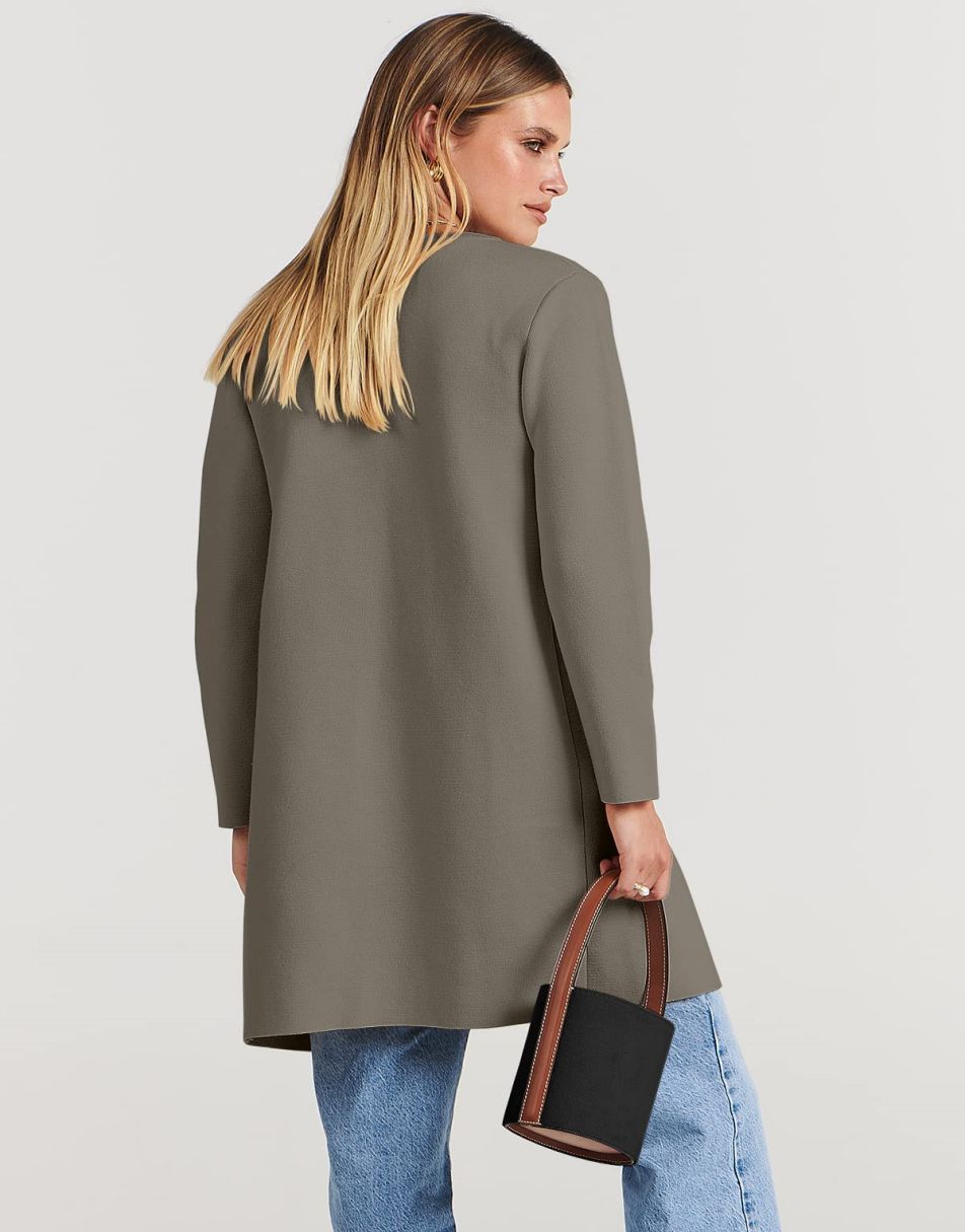 ANRABESS Damen Strickjacke mit offenem Vorderteil, Langarm, Revers, lässig, einfarbig, edel, Pullover-Jacke