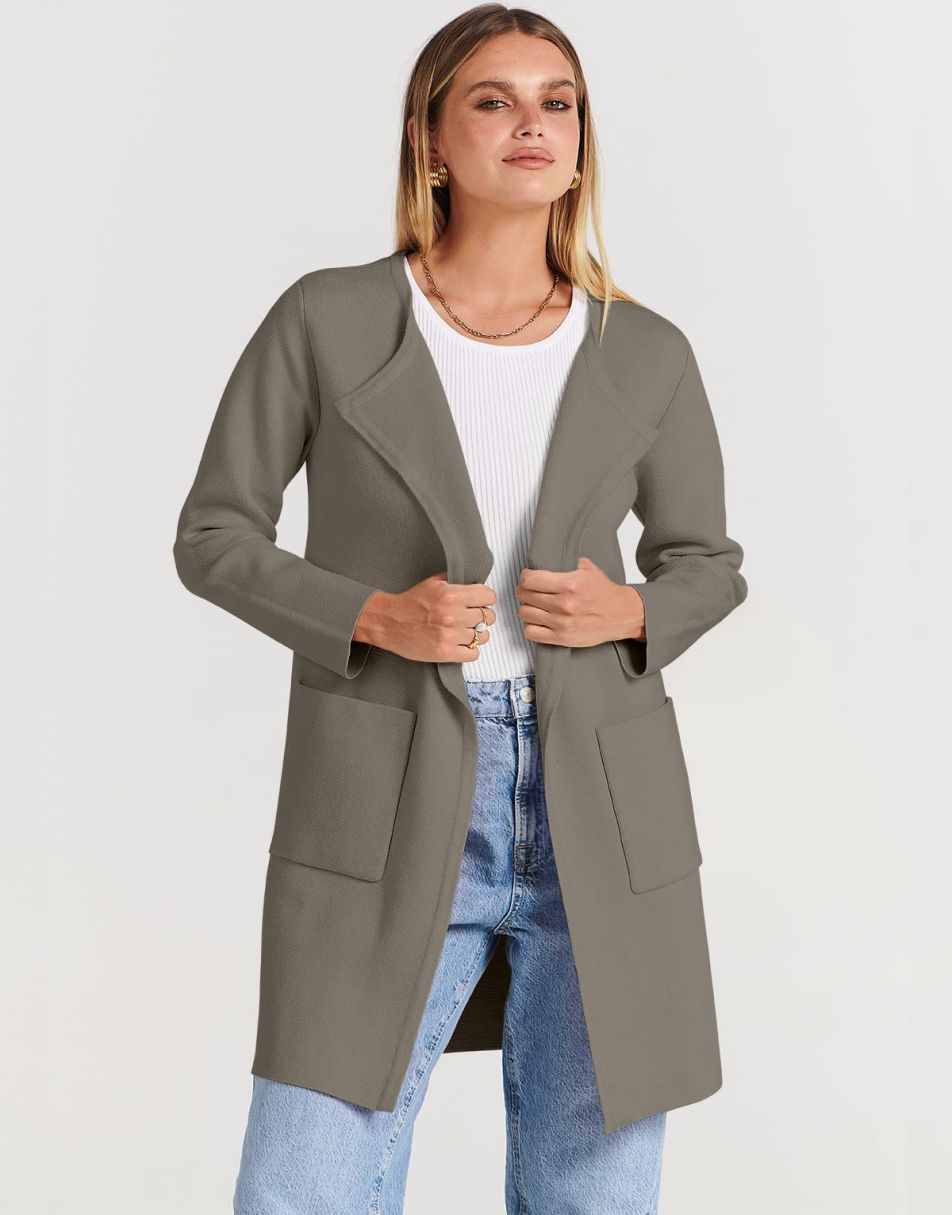 ANRABESS Damen Strickjacke mit offenem Vorderteil, Langarm, Revers, lässig, einfarbig, edel, Pullover-Jacke