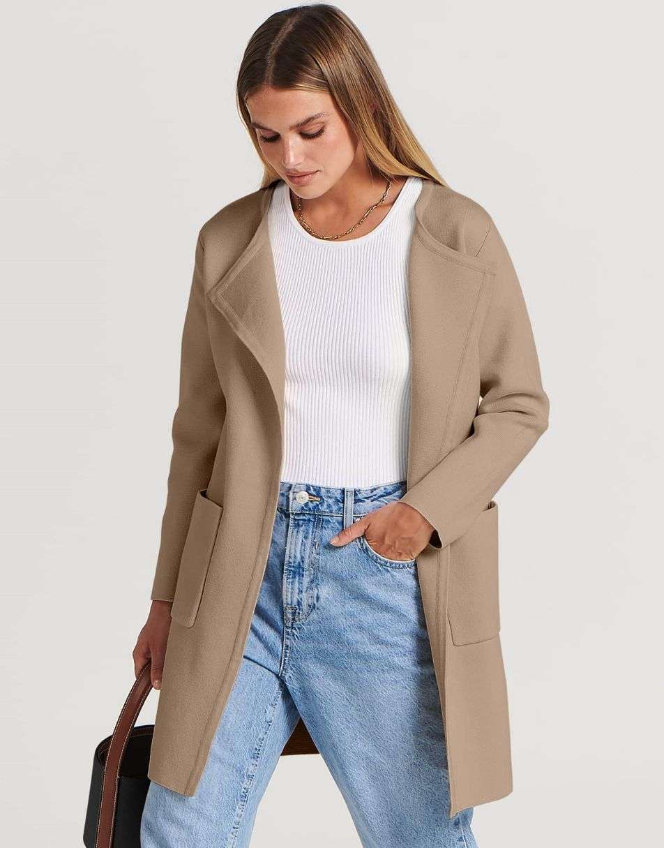 ANRABESS Damen Strickjacke mit offenem Vorderteil, Langarm, Revers, lässig, einfarbig, edel, Pullover-Jacke