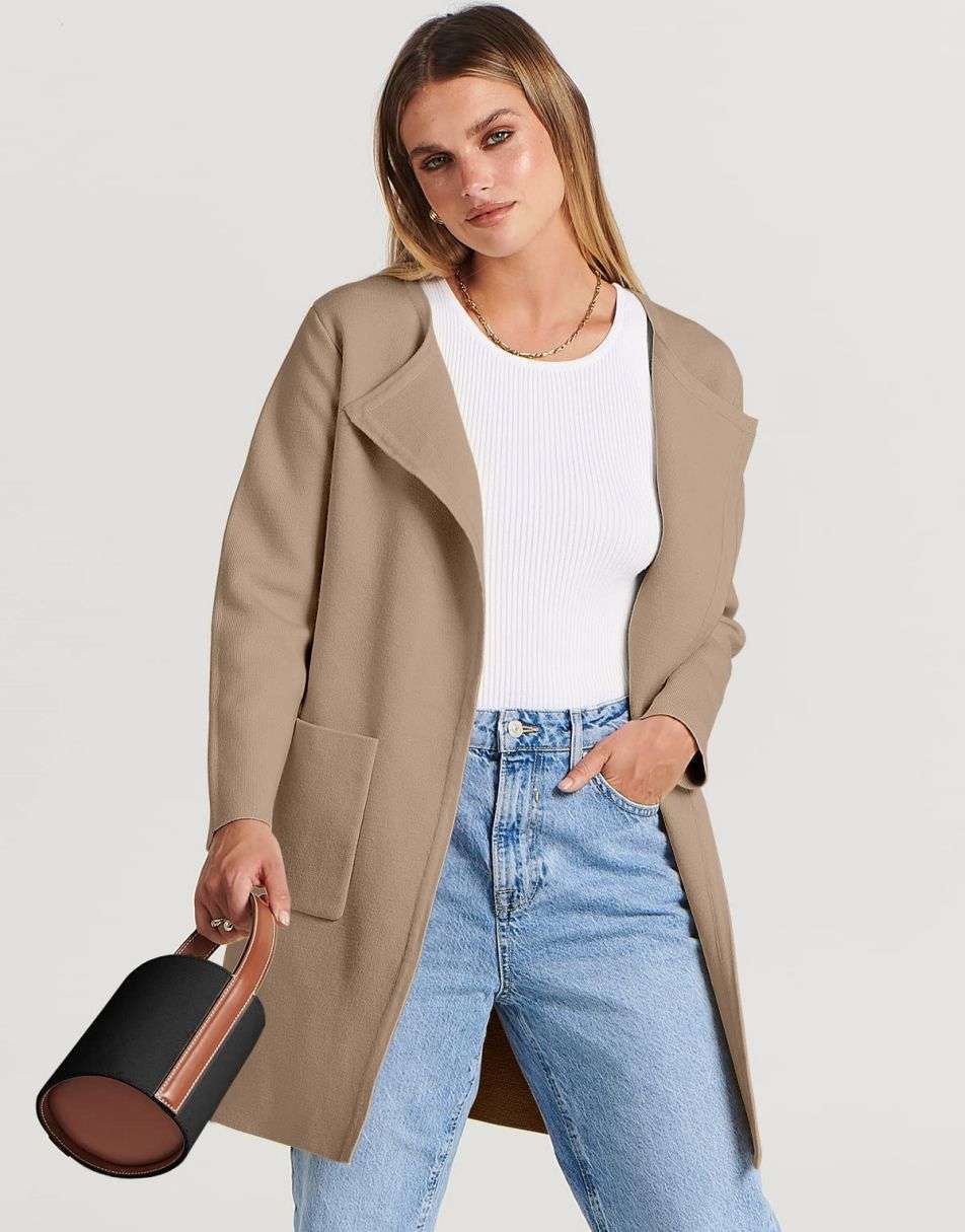 ANRABESS Damen Strickjacke mit offenem Vorderteil, Langarm, Revers, lässig, einfarbig, edel, Pullover-Jacke