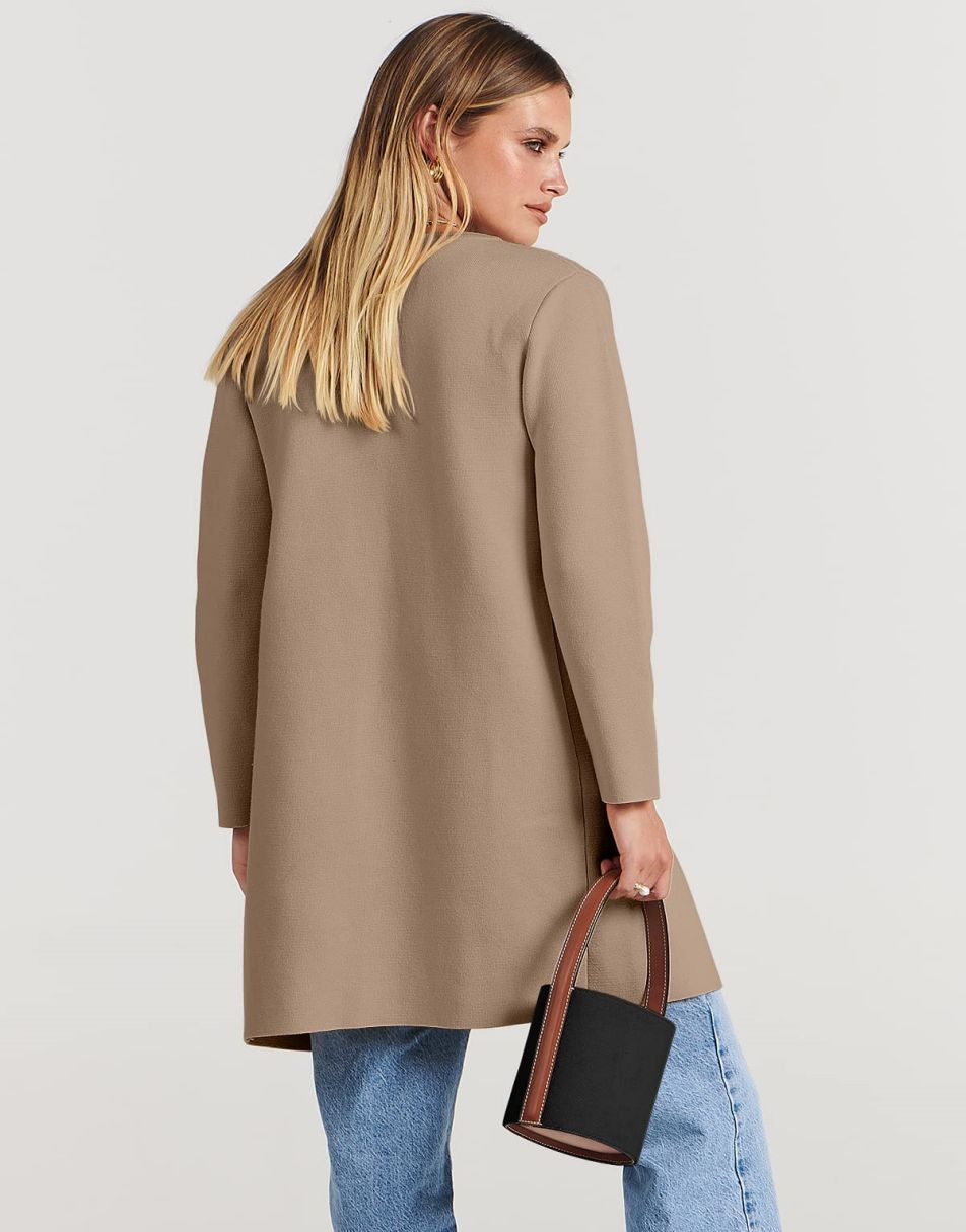 ANRABESS Damen Strickjacke mit offenem Vorderteil, Langarm, Revers, lässig, einfarbig, edel, Pullover-Jacke