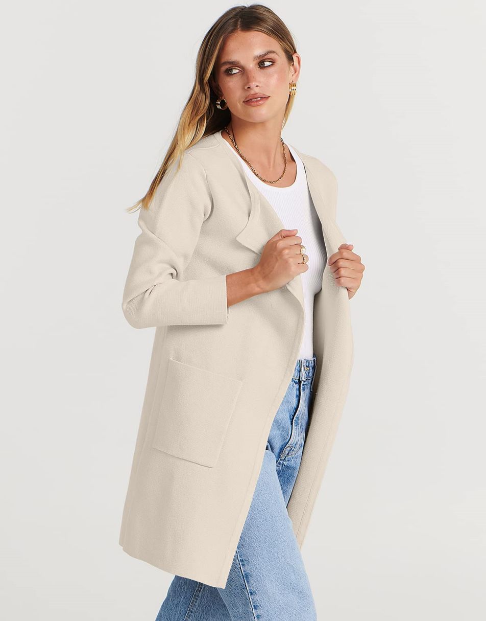 ANRABESS Damen Strickjacke mit offenem Vorderteil, Langarm, Revers, lässig, einfarbig, edel, Pullover-Jacke