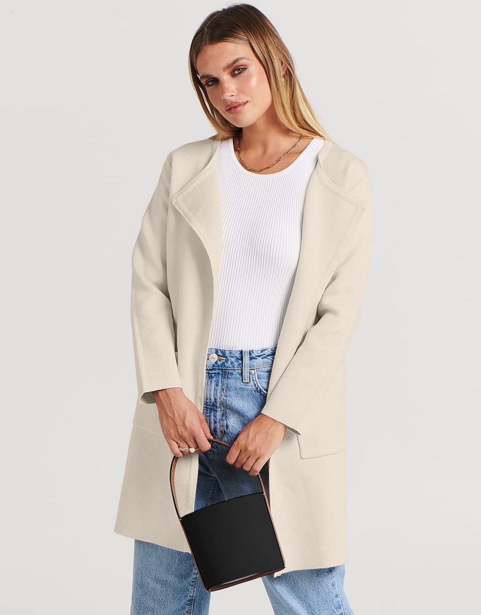 ANRABESS Damen Strickjacke mit offenem Vorderteil, Langarm, Revers, lässig, einfarbig, edel, Pullover-Jacke