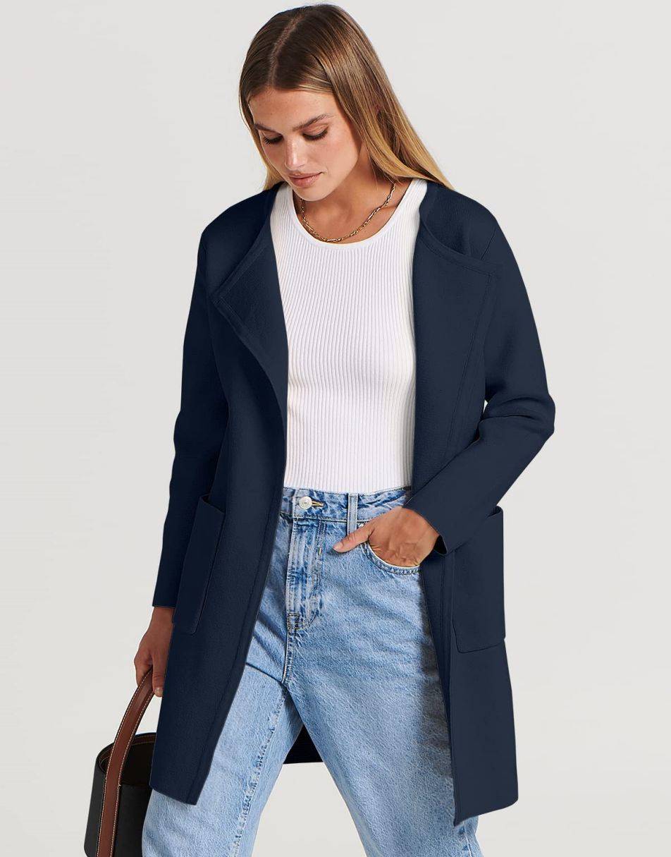 ANRABESS Damen Strickjacke mit offenem Vorderteil, Langarm, Revers, lässig, einfarbig, edel, Pullover-Jacke