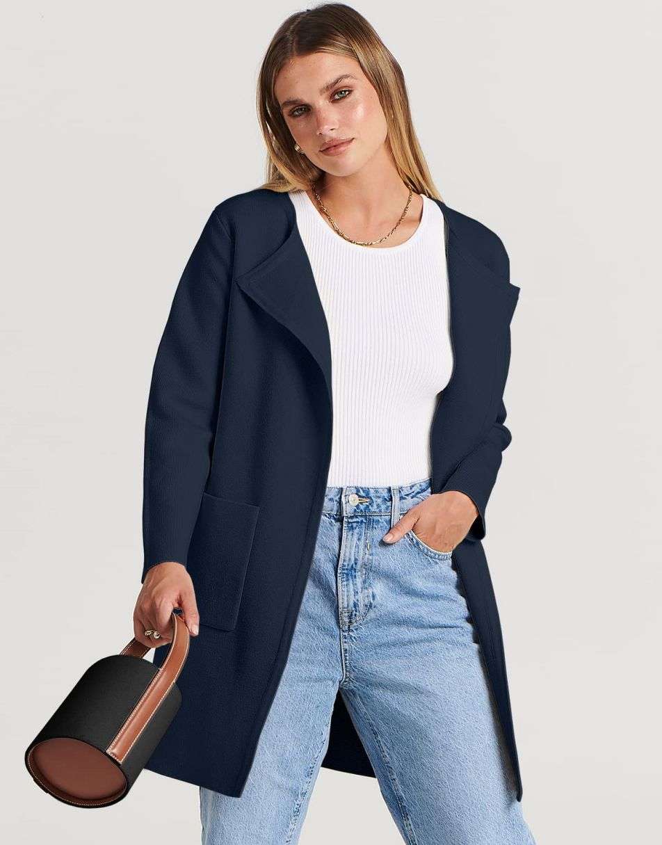 ANRABESS Damen Strickjacke mit offenem Vorderteil, Langarm, Revers, lässig, einfarbig, edel, Pullover-Jacke