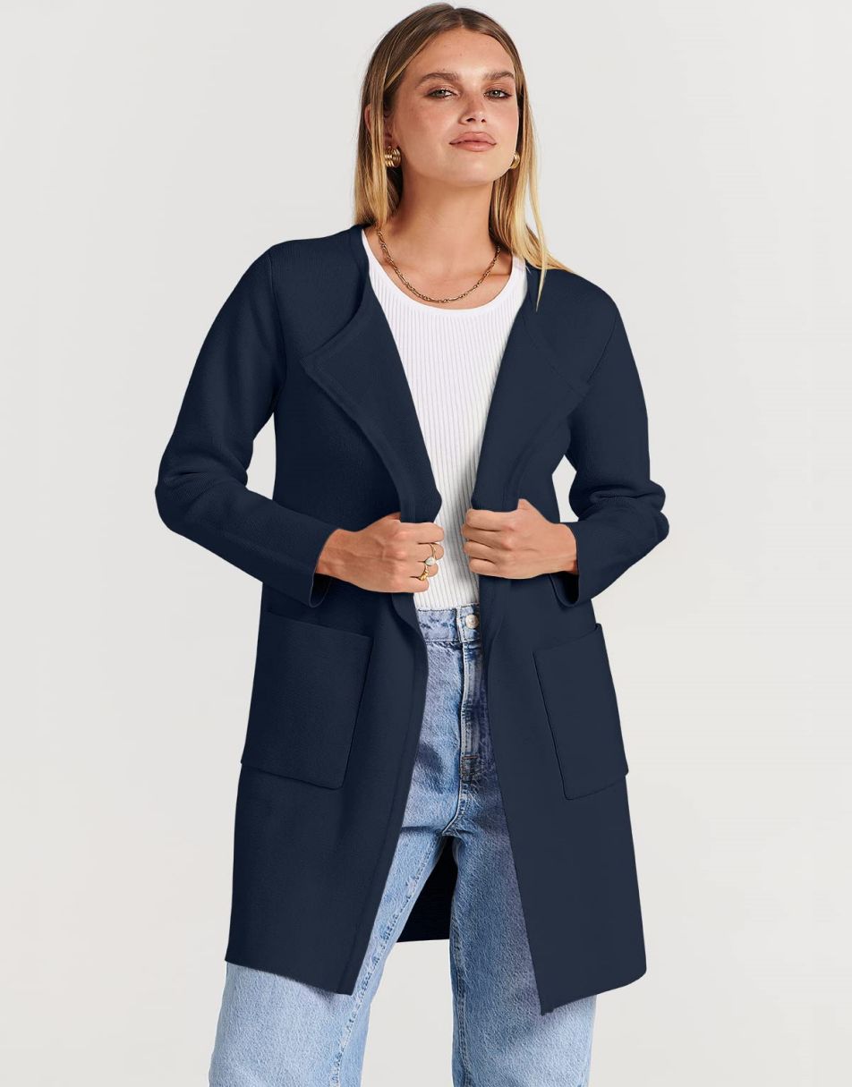 ANRABESS Damen Strickjacke mit offenem Vorderteil, Langarm, Revers, lässig, einfarbig, edel, Pullover-Jacke