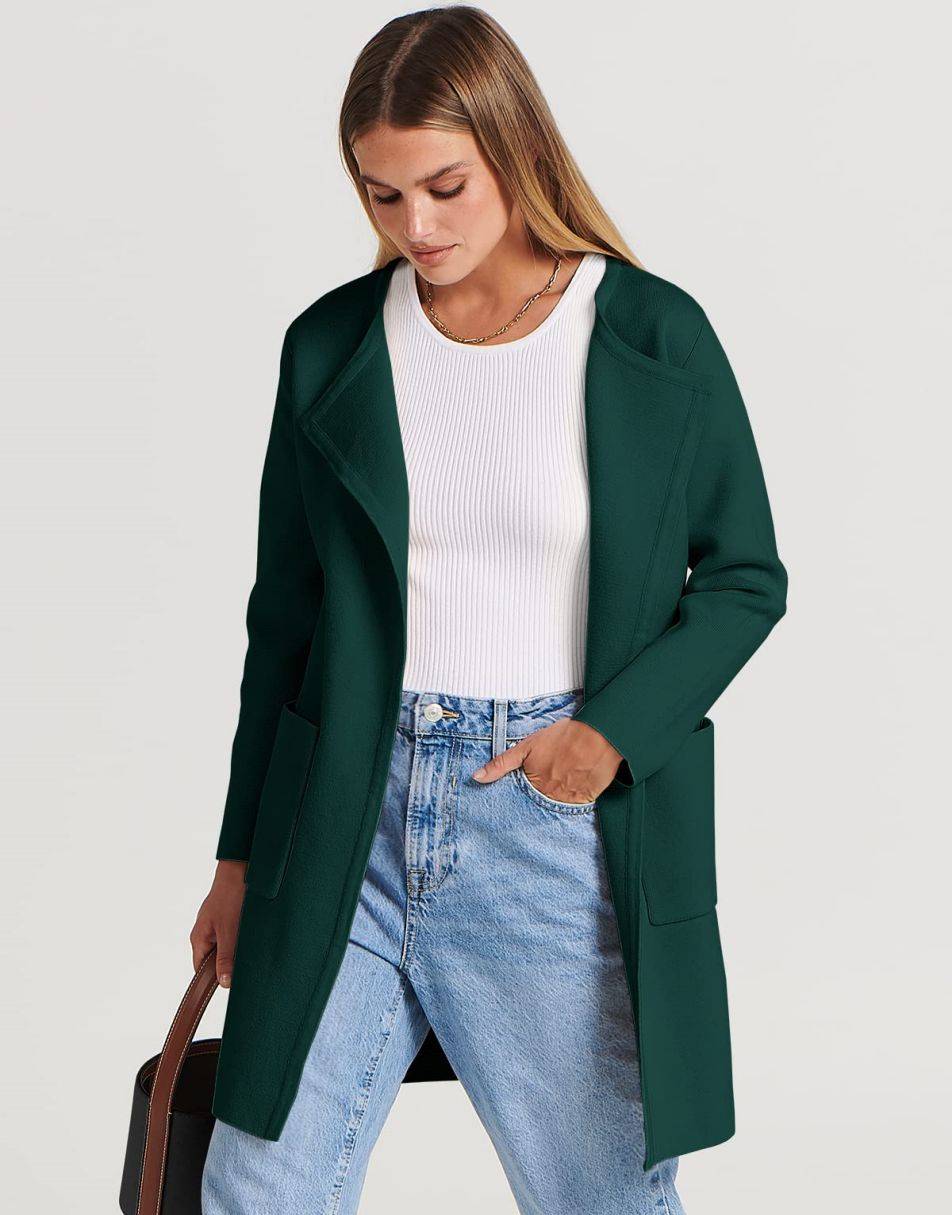 ANRABESS Damen Strickjacke mit offenem Vorderteil, Langarm, Revers, lässig, einfarbig, edel, Pullover-Jacke