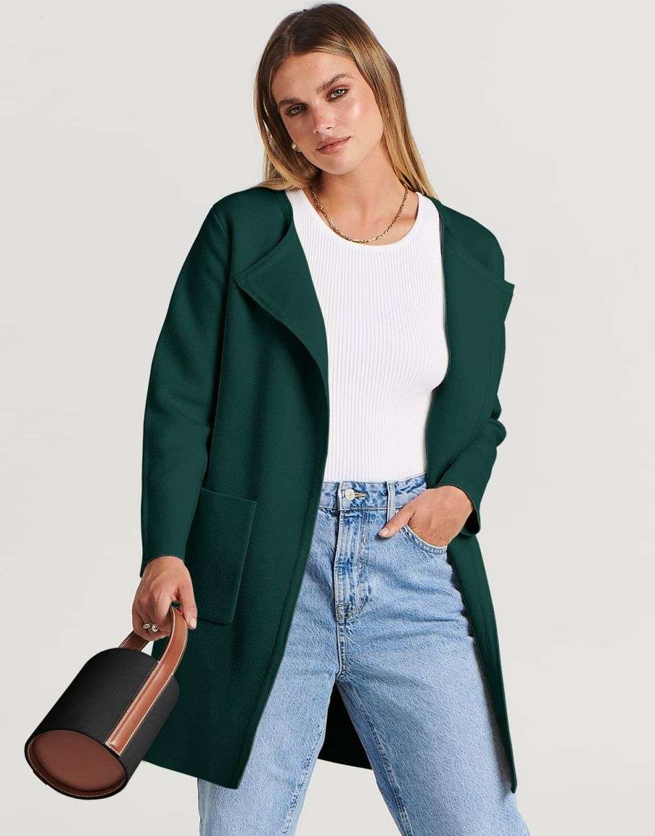 ANRABESS Damen Strickjacke mit offenem Vorderteil, Langarm, Revers, lässig, einfarbig, edel, Pullover-Jacke