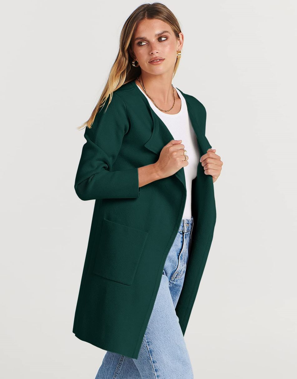 ANRABESS Damen Strickjacke mit offenem Vorderteil, Langarm, Revers, lässig, einfarbig, edel, Pullover-Jacke