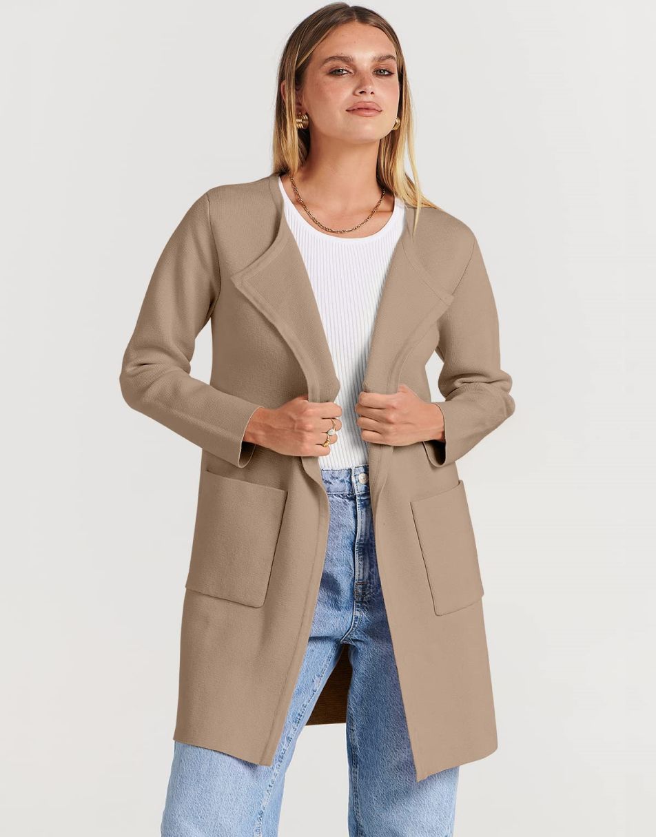 ANRABESS Damen Strickjacke mit offenem Vorderteil, Langarm, Revers, lässig, einfarbig, edel, Pullover-Jacke