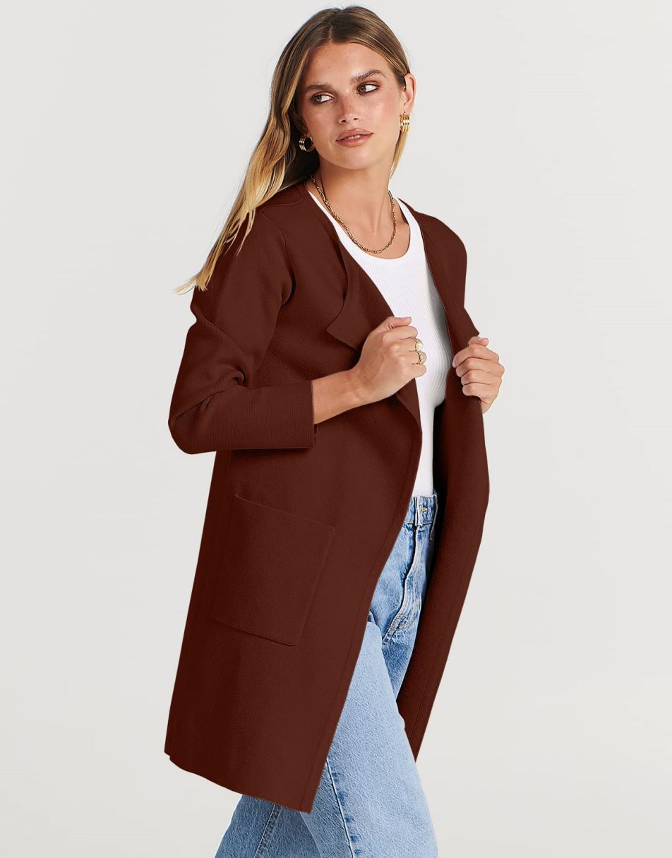 ANRABESS Damen Strickjacke mit offenem Vorderteil, Langarm, Revers, lässig, einfarbig, edel, Pullover-Jacke