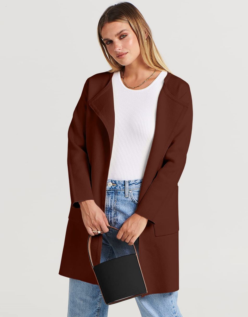 ANRABESS Damen Strickjacke mit offenem Vorderteil, Langarm, Revers, lässig, einfarbig, edel, Pullover-Jacke