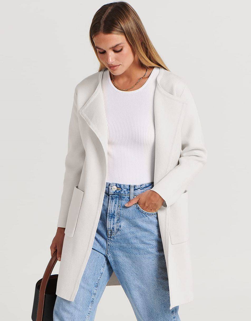 ANRABESS Damen Strickjacke mit offenem Vorderteil, Langarm, Revers, lässig, einfarbig, edel, Pullover-Jacke