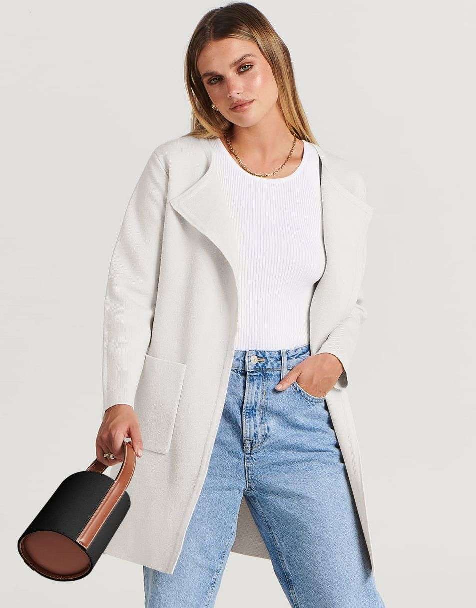 ANRABESS Damen Strickjacke mit offenem Vorderteil, Langarm, Revers, lässig, einfarbig, edel, Pullover-Jacke