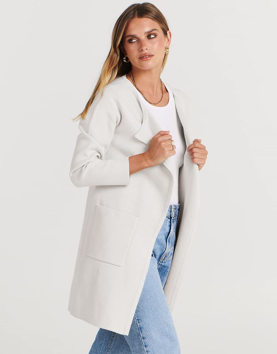 ANRABESS Damen Strickjacke mit offenem Vorderteil, Langarm, Revers, lässig, einfarbig, edel, Pullover-Jacke