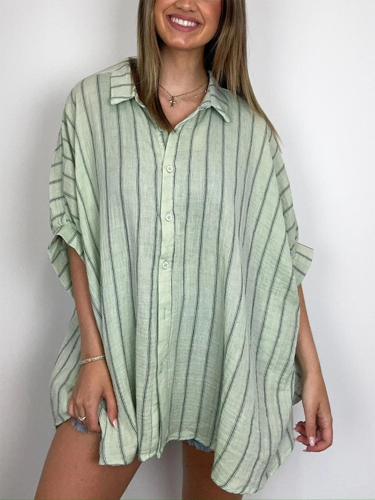 Damen Oversized Gestreiftes Button-Down-Oberteil (2 kaufen, kostenloser Versand)