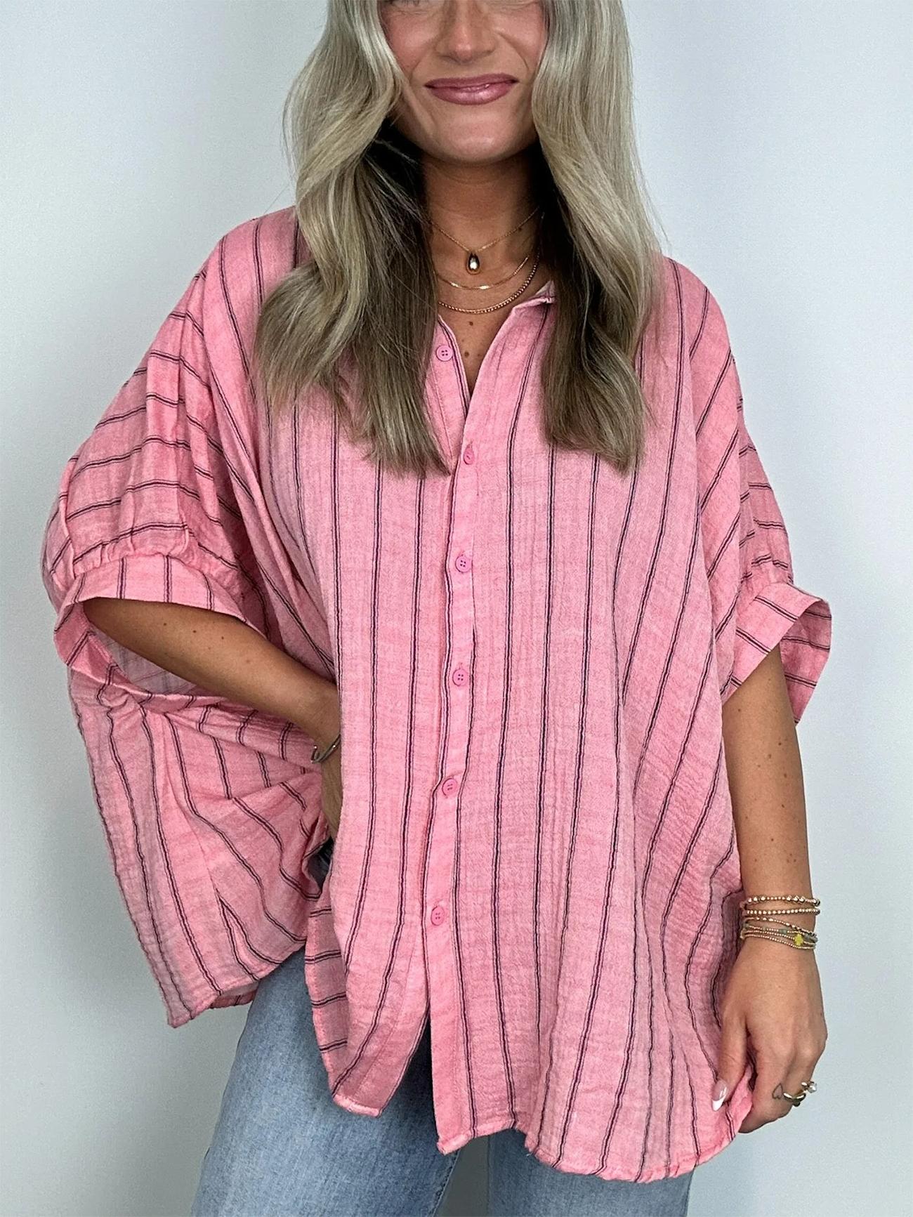 Damen Oversized Gestreiftes Button-Down-Oberteil (2 kaufen, kostenloser Versand)