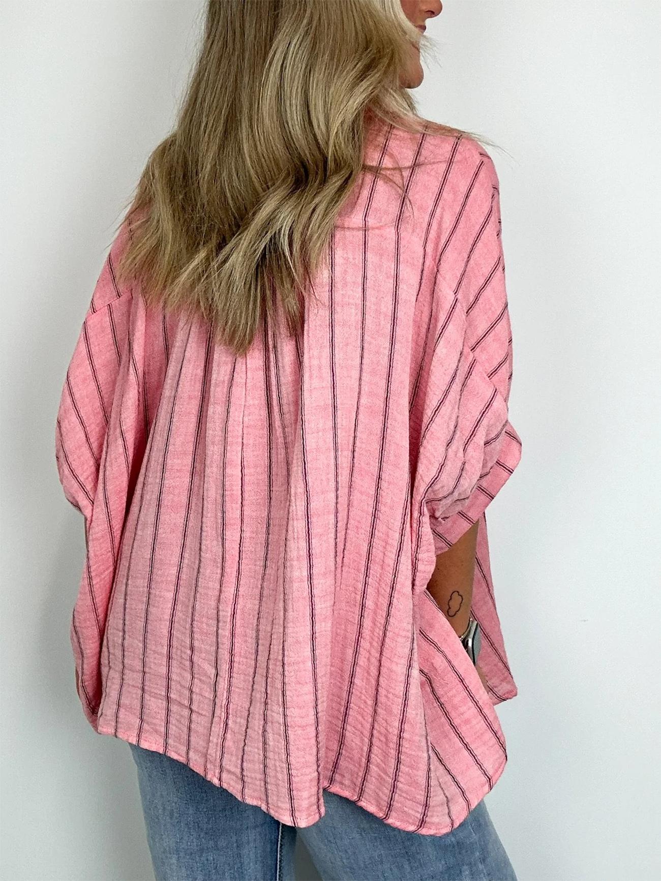 Damen Oversized Gestreiftes Button-Down-Oberteil (2 kaufen, kostenloser Versand)