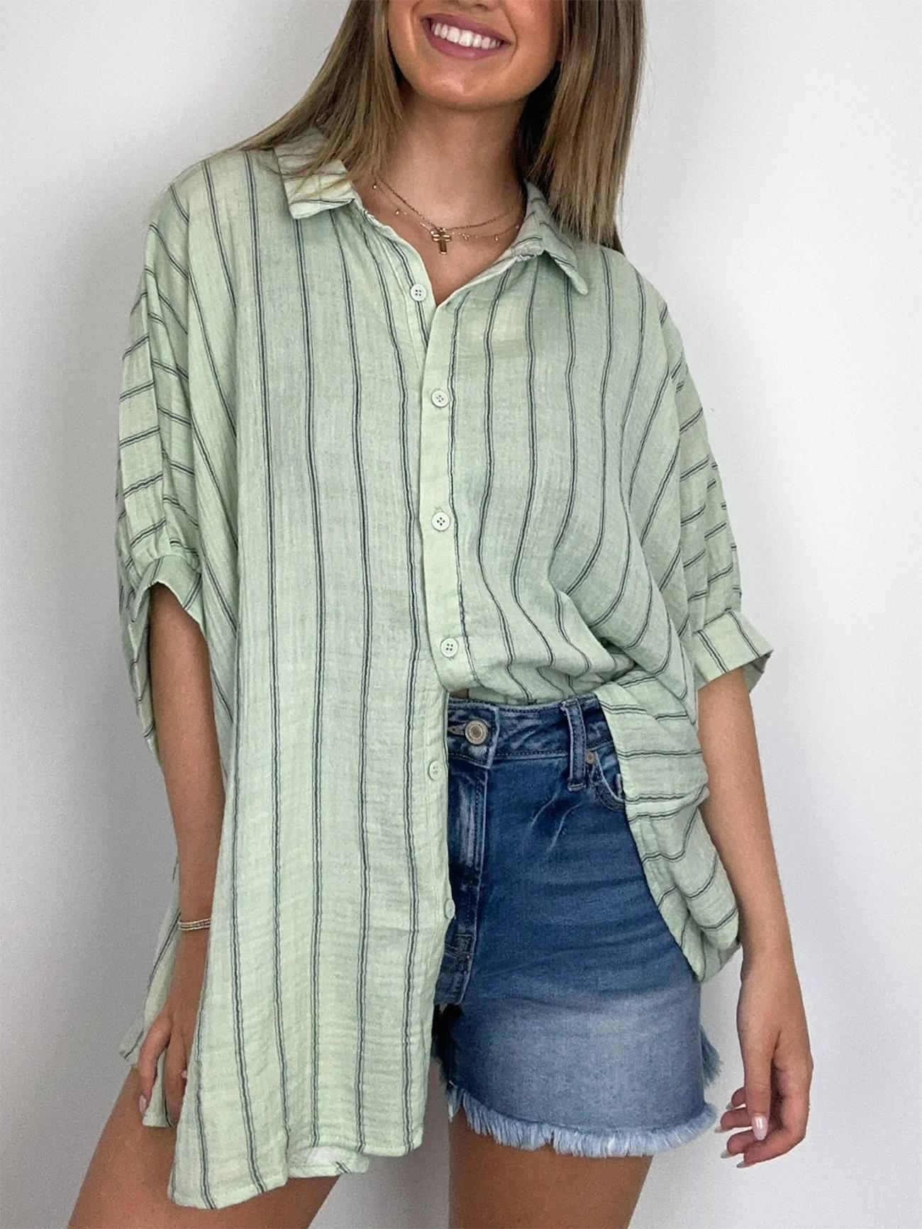 Damen Oversized Gestreiftes Button-Down-Oberteil (2 kaufen, kostenloser Versand)