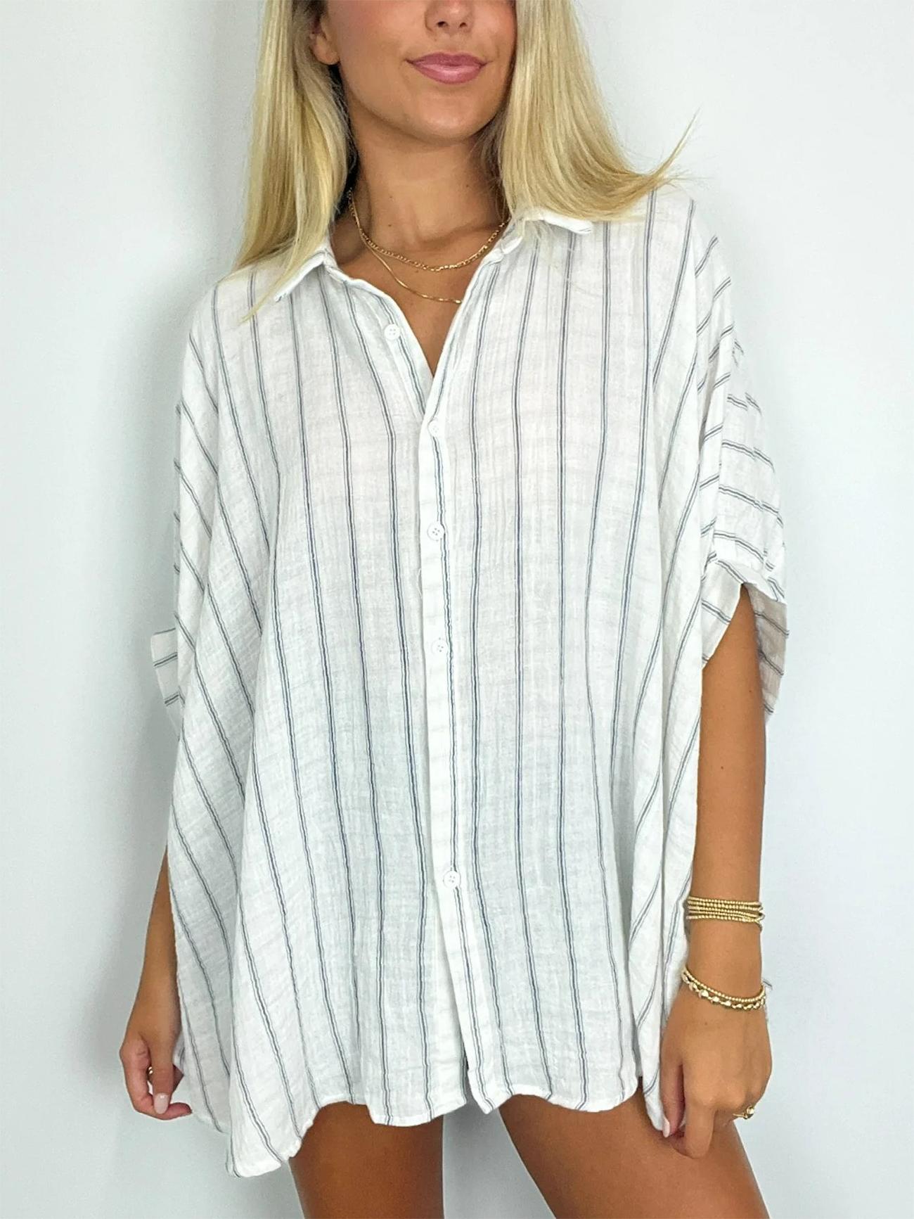Damen Oversized Gestreiftes Button-Down-Oberteil (2 kaufen, kostenloser Versand)