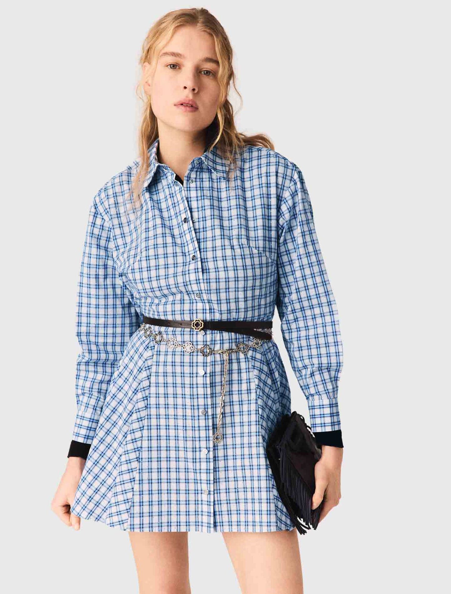 Rhinestone-trim cotton shirt dress