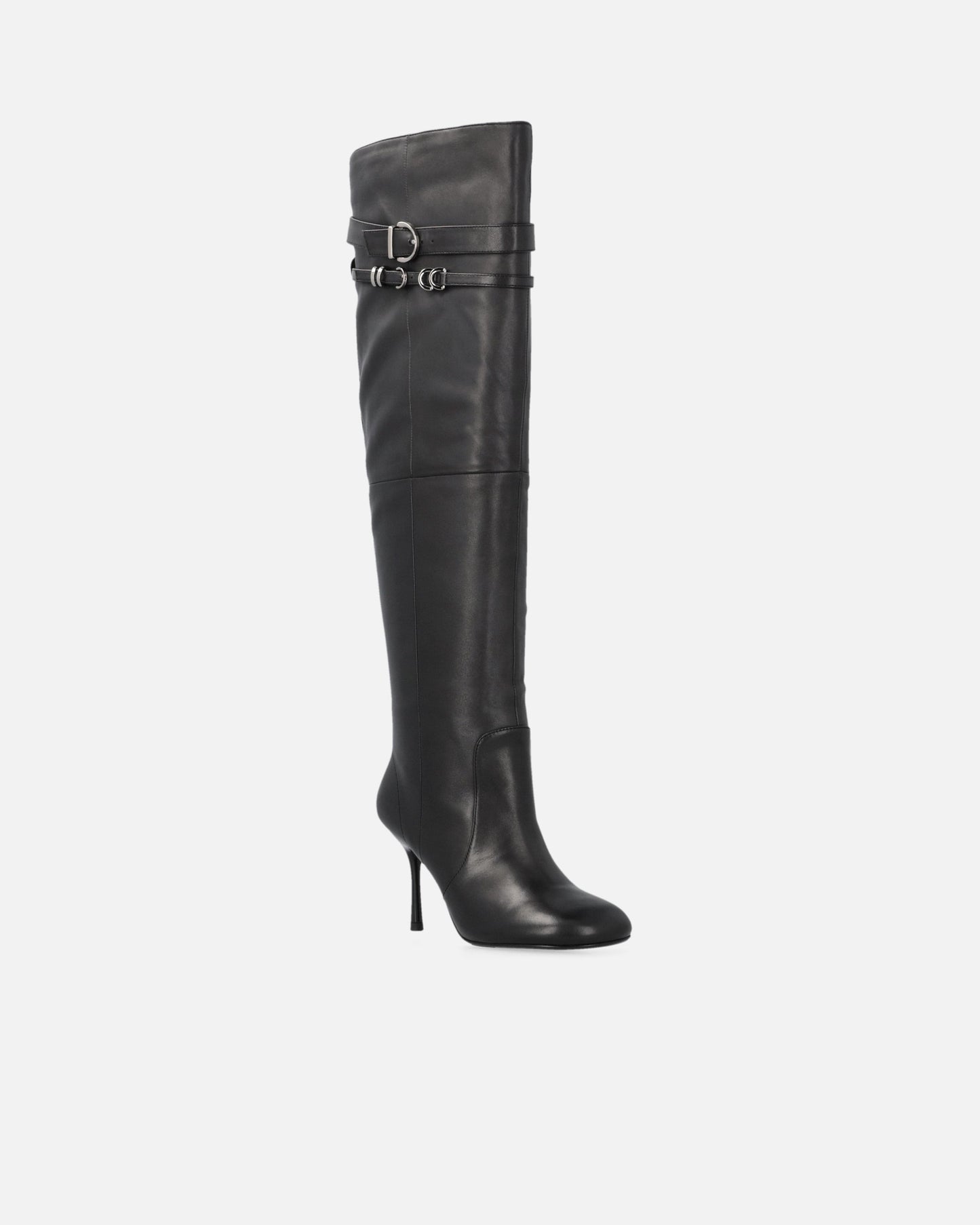 Knee-high nappa leather boots with heel and strap