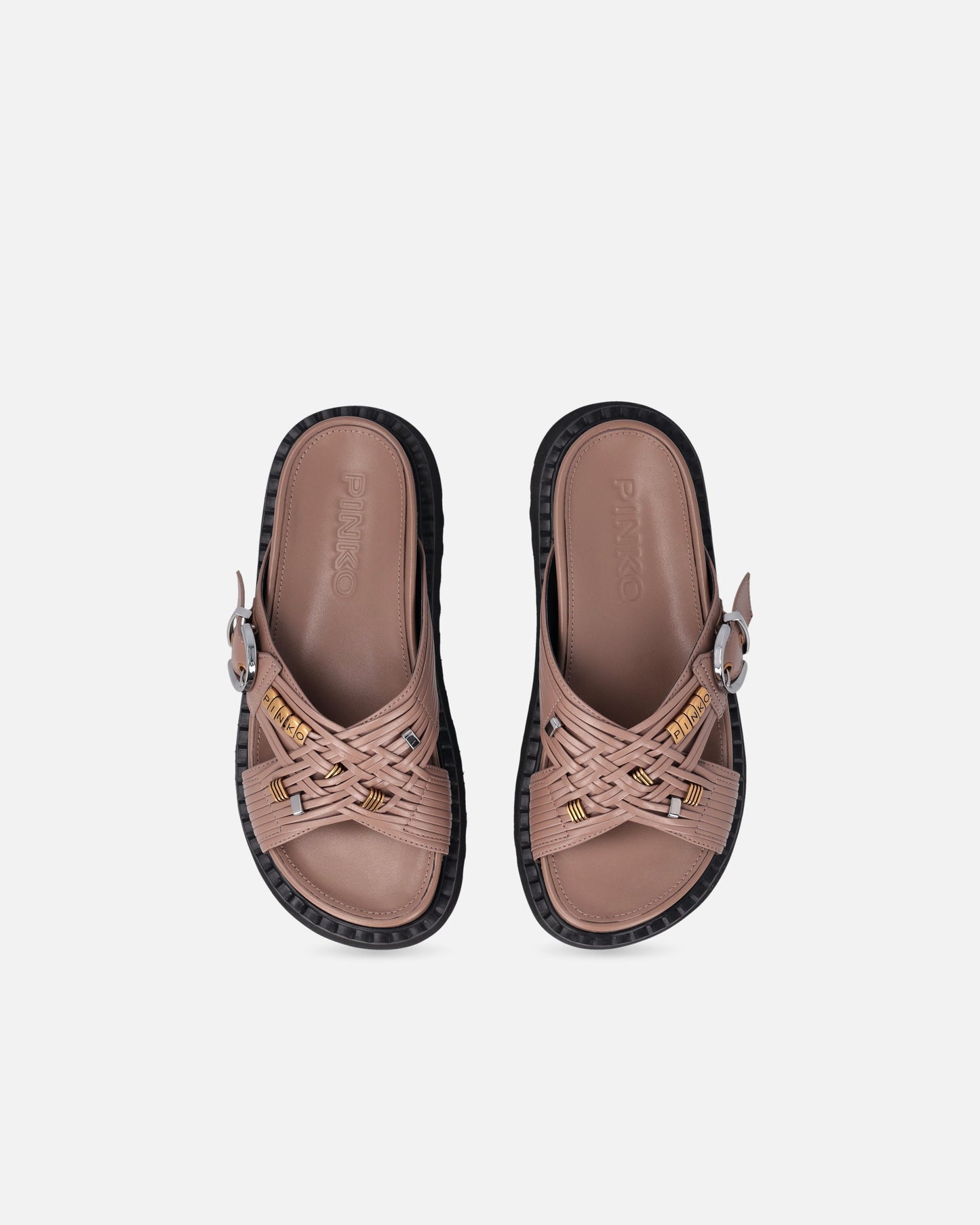 Woven nappa leather slip-on sandals with metallic rings
