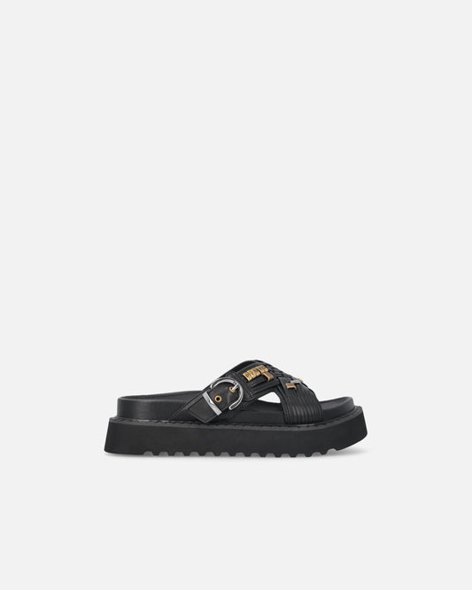 Woven nappa leather slip-on sandals with metallic rings