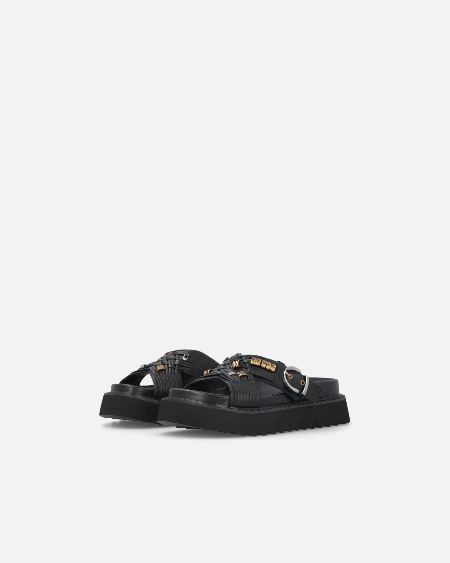 Woven nappa leather slip-on sandals with metallic rings
