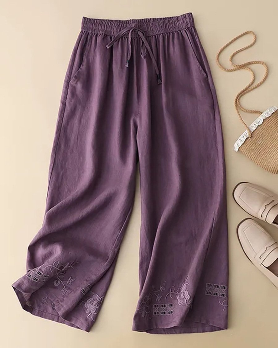 Loungehose aus bestickter Baumwolle und Leinen mit Cutouts