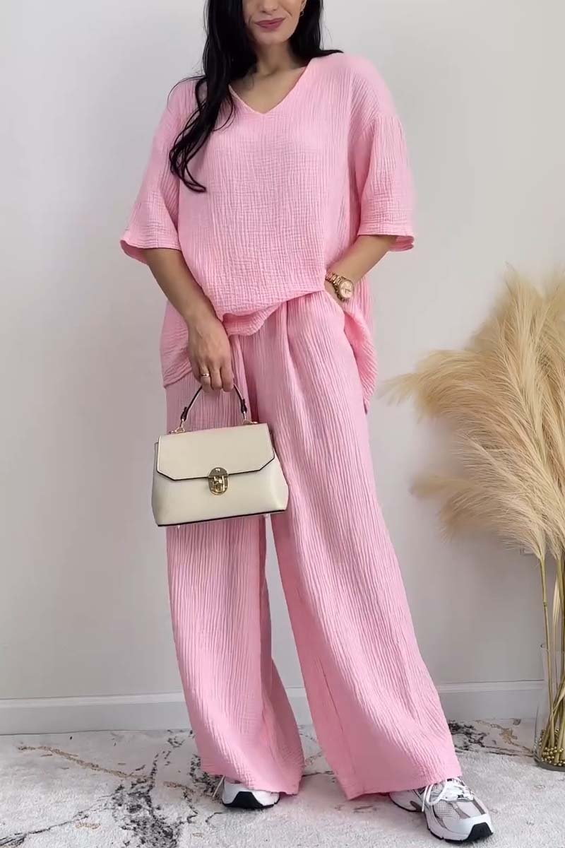 Damen Casual V-Ausschnitt Kurzarm Einfarbig Zweiteiler Set