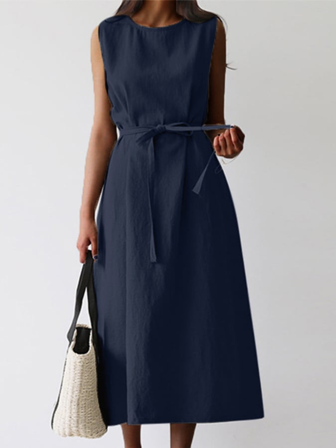 Damen lässiges ärmelloses Kleid mit Rundhalsausschnitt und Unifarbe