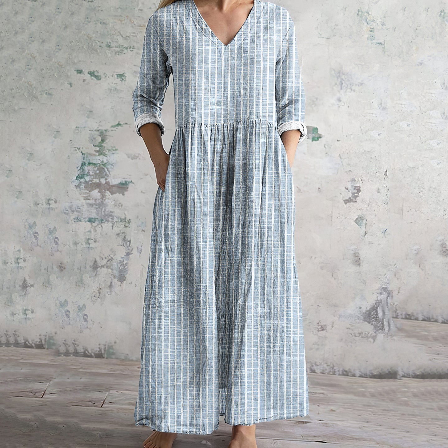Damen-Leinenkleid mit Vintage-Streifenmuster