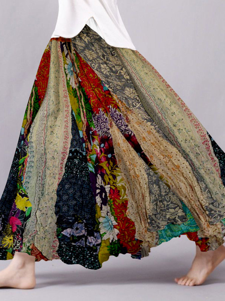 Vintage Boho Patchwork Fließender Rock aus Leinenmischung
