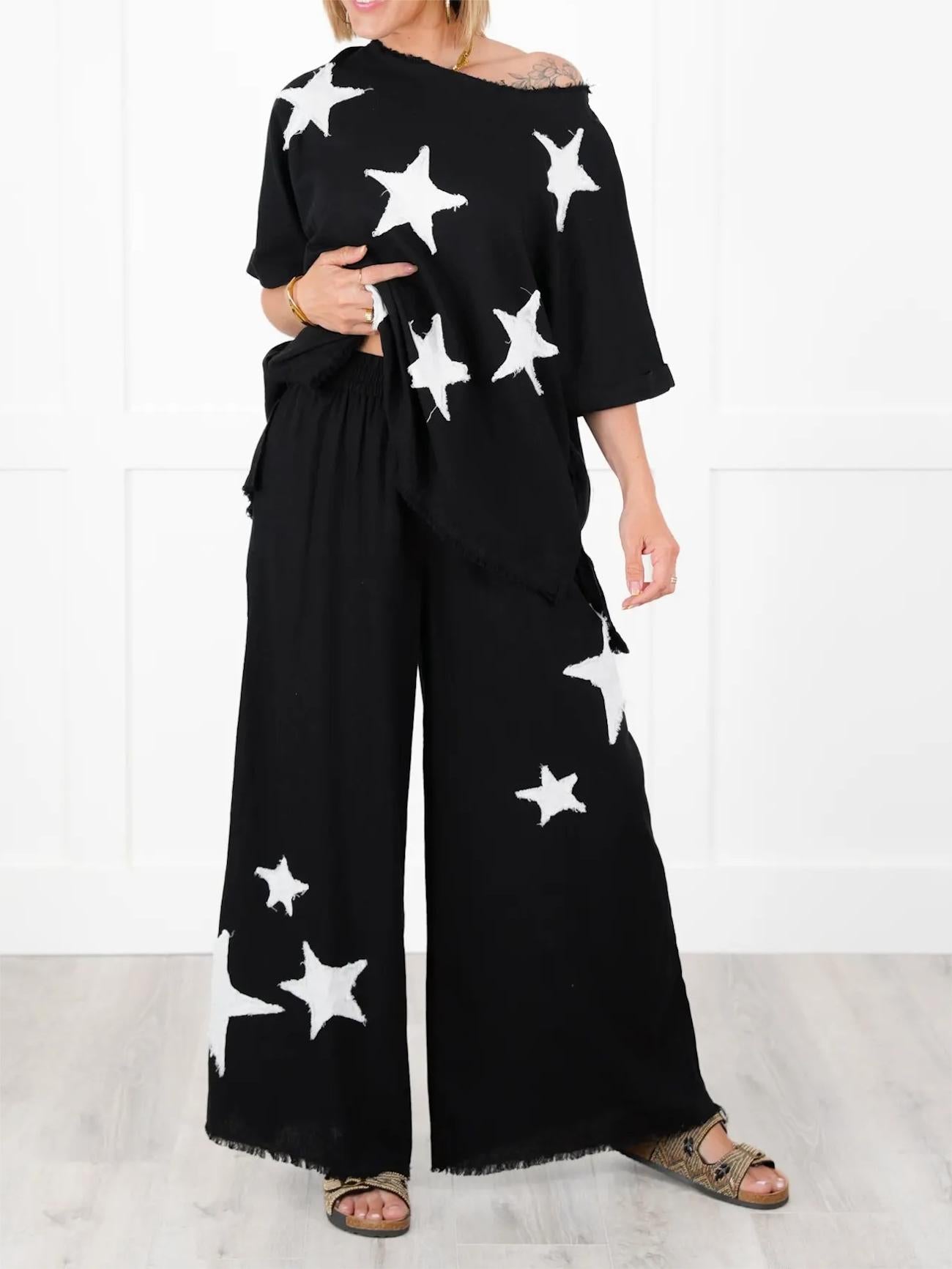 Zweiteiler-Set für Damen mit Stern-Patch im Freizeit-Stil (2 kaufen, kostenloser Versand)
