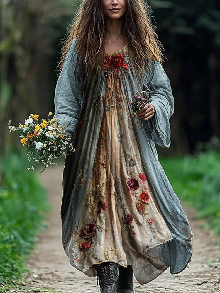 Maxikleid aus Leinenmix mit Blumenmuster Vintage-Rosen