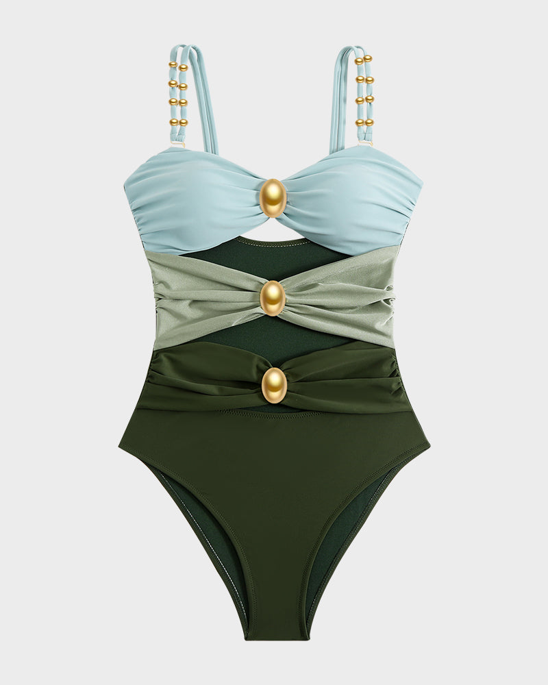 Badeanzug mit Goldperlen-Detail, Cut-Outs und Raffungen