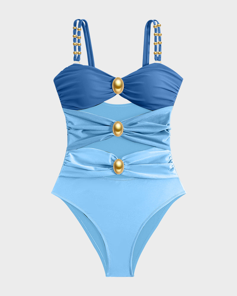 Badeanzug mit Goldperlen-Detail, Cut-Outs und Raffungen