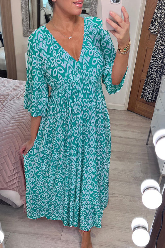 2024 Neues böhmisches legeres V-Ausschnitt-Kleid mit Print (2 kaufen, kostenloser Versand)