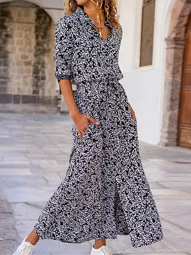 Damen Hemdblusenkleid Blumenmuster Taschenaufdruck Hemdkragen Langes Kleid Maxikleid Böhmisch Alltag Urlaub Langarm Sommer